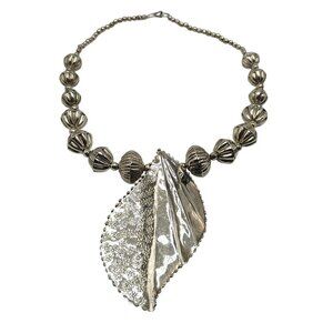 Bold Silver Leaf Pendant Necklace With Textured Beads Lobster Clasp